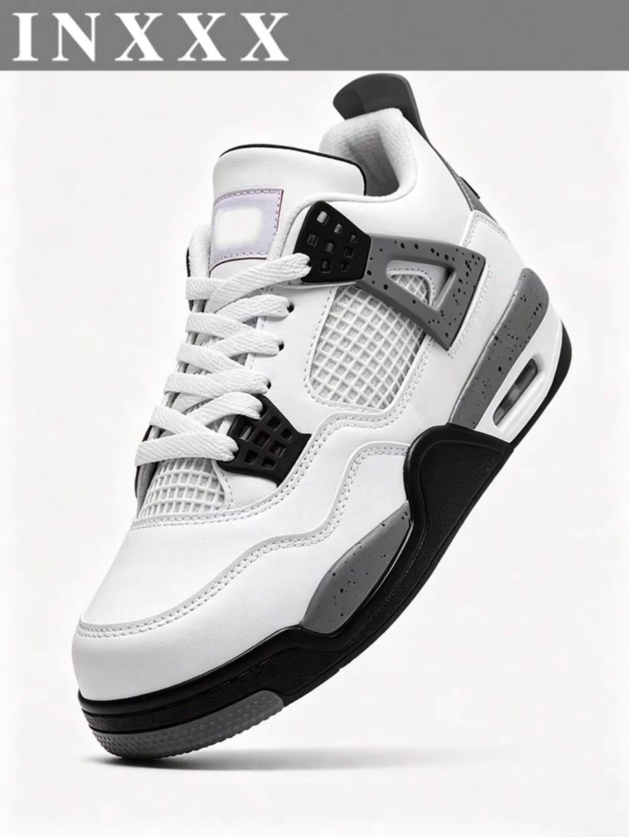 Men's White Grey Black Speckled Street Sneakers, AJ4 Inspired Non-Slip Trainers For Daily Clean Neutral Looks